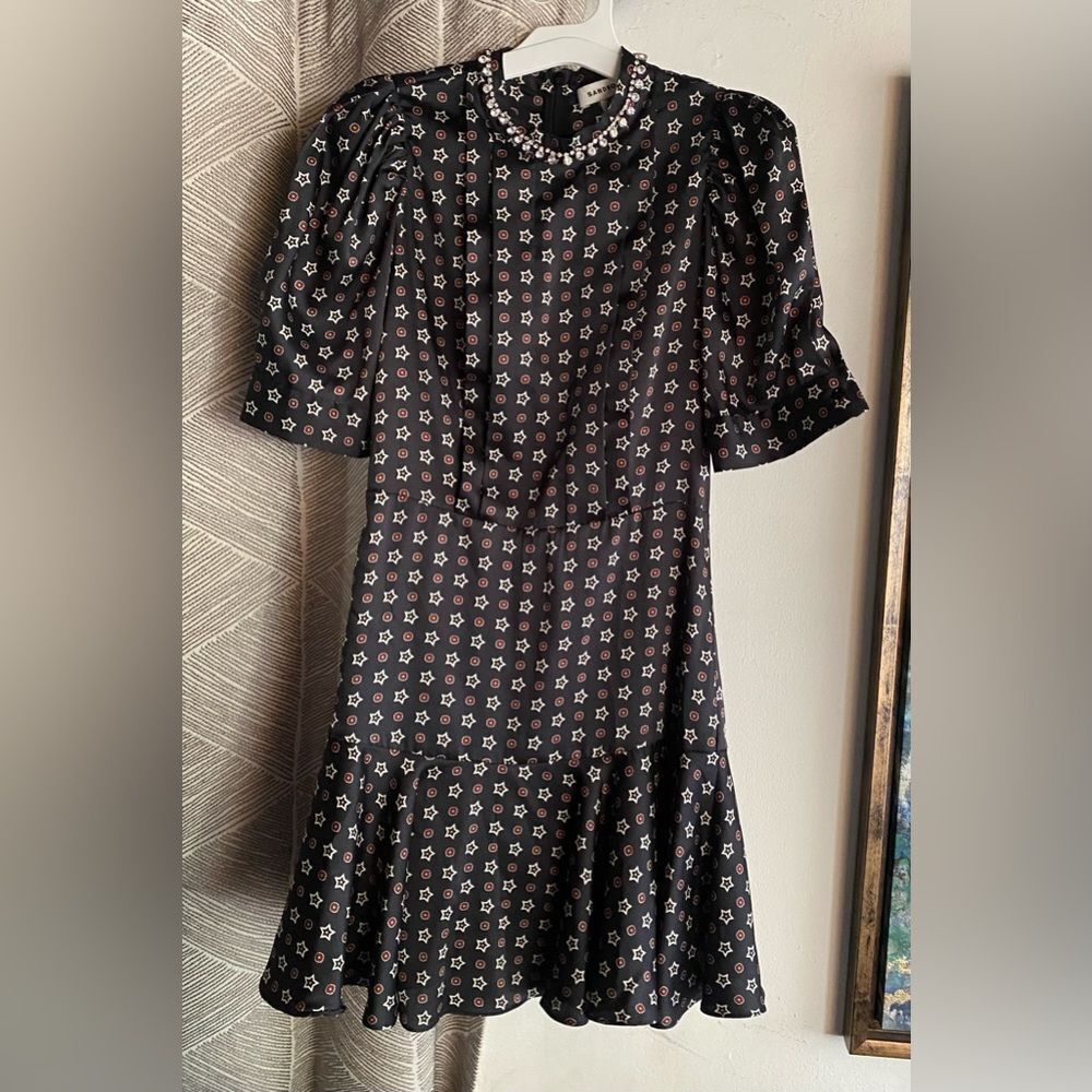 SANDRO Star Print Mini Dress Embellished Collar Sz 34 XS - Picture 4 of 17